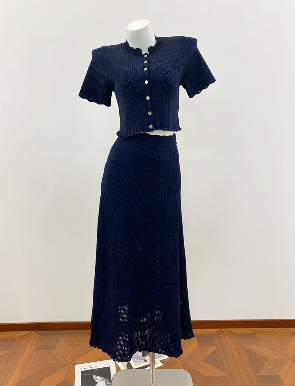 🦞Sandro Navy Knit Two‑Piece Set Cropped Top Long Midi Skirt - Picture 7 of 11